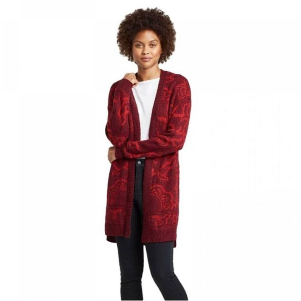 NEW Knox Rose women's red open front knit long cardigan duster medium